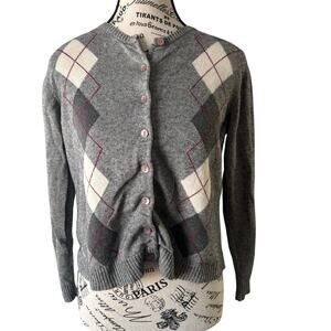 Talbots Petite Argyle Grey Silk & Cashmere Blend Cardigan